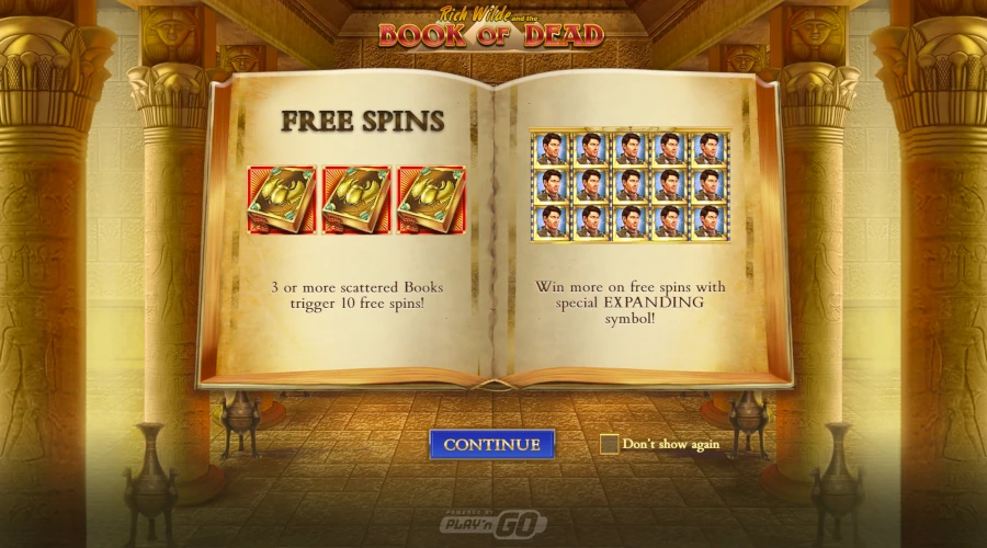 Book of Dead slot free spins bonus round featuring expanding symbols