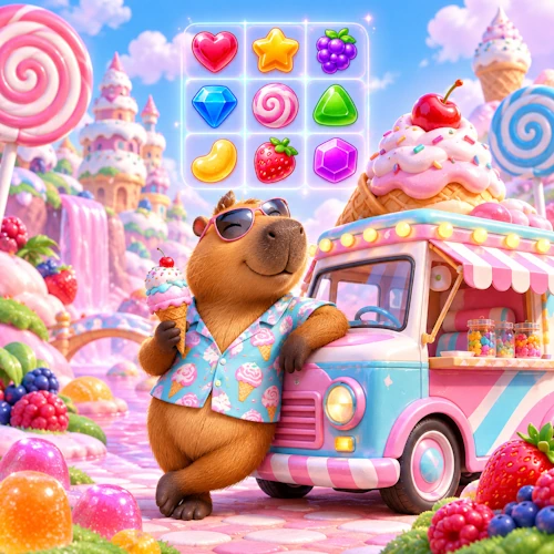 Happy capybara chilling with an ice cream in a candy world