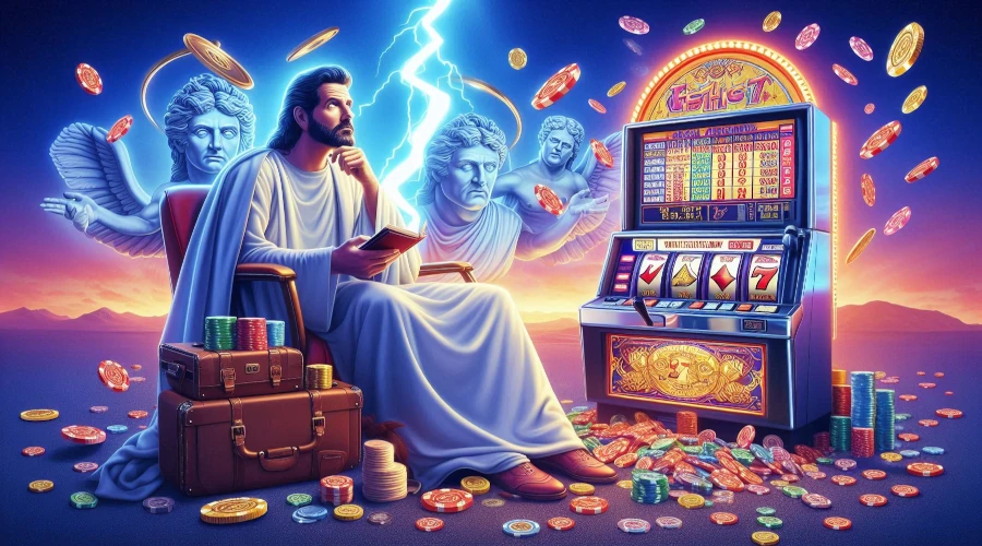 Illustration of common slot machine myths being debunked, including timing spins and payout cycles