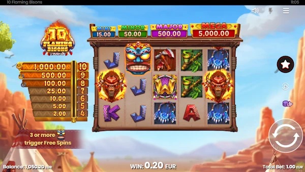 10 Flaming Bisons base game screenshot showing reels and features