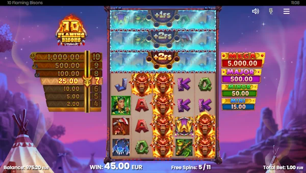 Screenshot of 10 Flaming Bisons slot demo showing reels and bonus game features