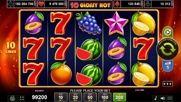 10 Glossy Hot base game screenshot showing reels and features