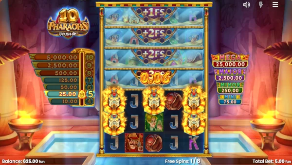 Screenshot of 10 Pharaohs slot demo showing reels and bonus game features