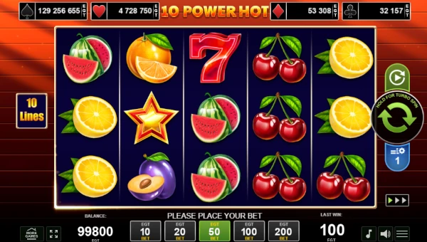 10 Power Hot base game screenshot showing reels and features