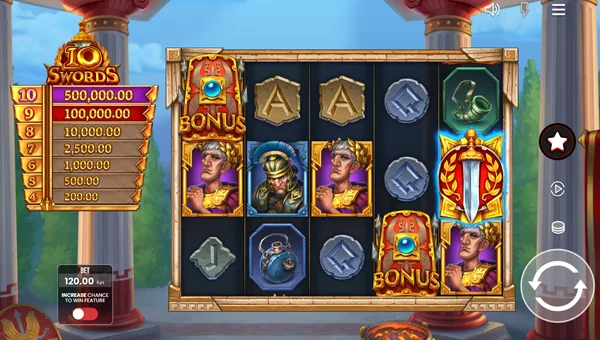 10 Swords base game screenshot showing reels and features