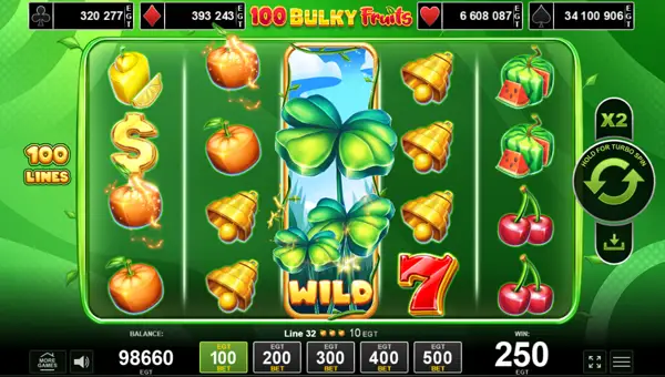 100 Bulky Fruits base game screenshot showing reels and features