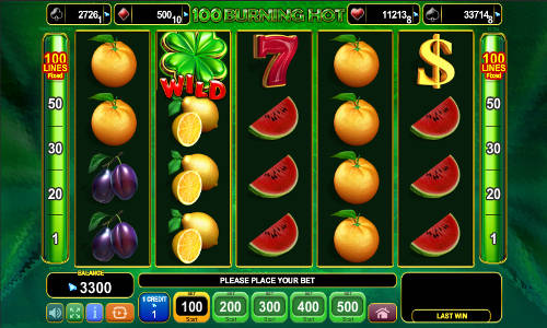 100 Burning Hot base game screenshot showing reels and features