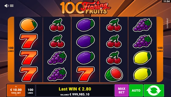100 Flaring Fruits base game screenshot showing reels and features
