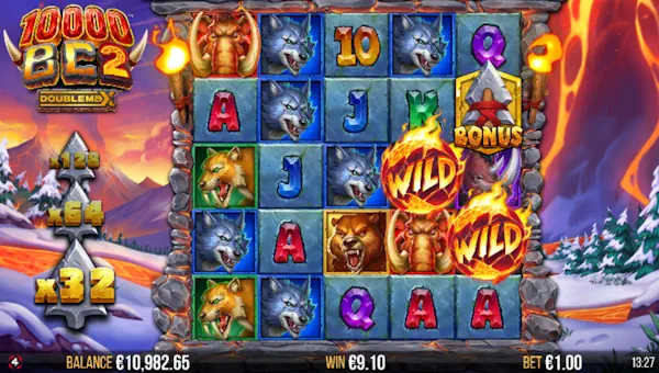10000 BC 2 DoubleMax base game screenshot showing reels and features