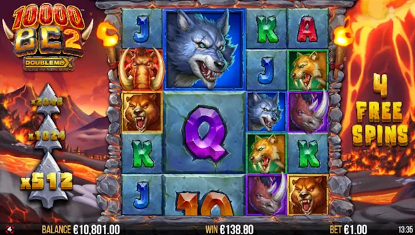 Screenshot of 10000 BC 2 DoubleMax slot demo showing reels and bonus game features
