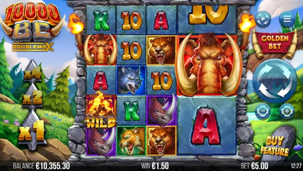 10000 BC DoubleMax GigaBlox base game screenshot showing reels and features