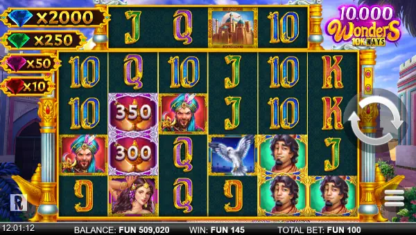 10000 Wonders 10K Ways base game screenshot showing reels and features