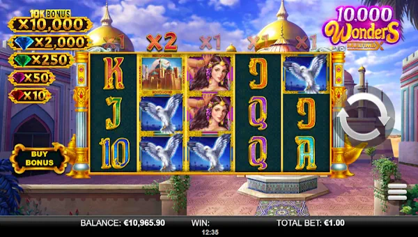 10000 Wonders MultiMax base game screenshot showing reels and features