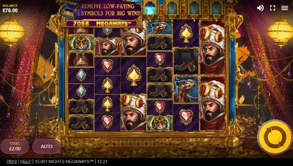 10001 Nights Megaways base game screenshot showing reels and features