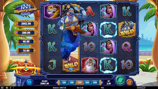 1001 Mystery Genie Fortunes base game screenshot showing reels and features