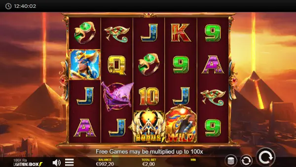 100x Ra base game screenshot showing reels and features
