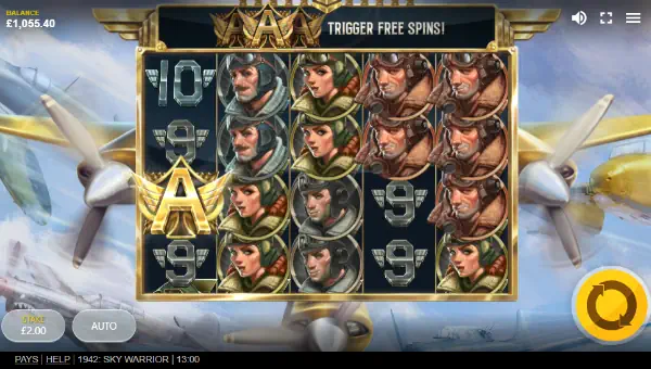 1942 Sky Warrior base game screenshot showing reels and features