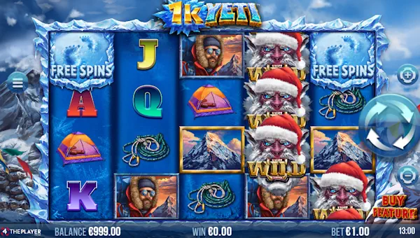 1K Yeti base game screenshot showing reels and features