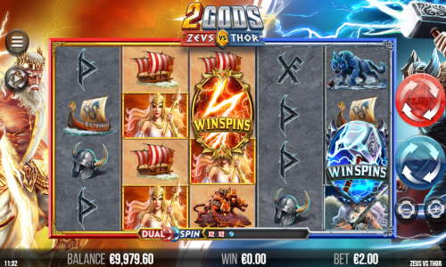 2 Gods Zeus vs Thor base game screenshot showing reels and features