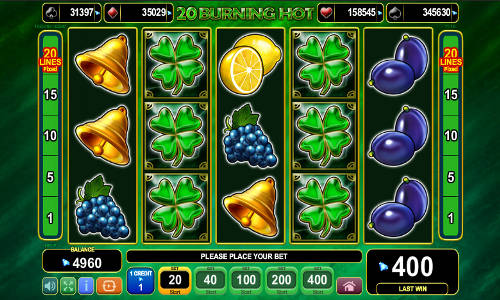 20 Burning Hot base game screenshot showing reels and features