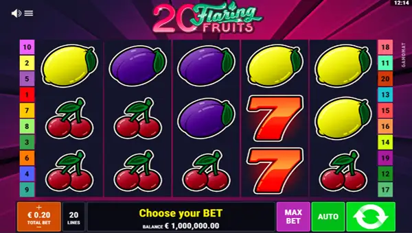 20 Flaring Fruits base game screenshot showing reels and features