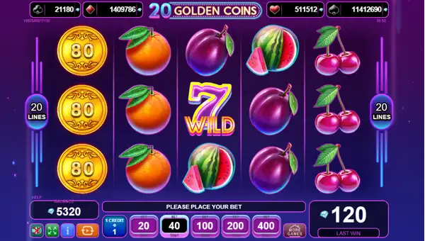 20 Golden Coins base game screenshot showing reels and features