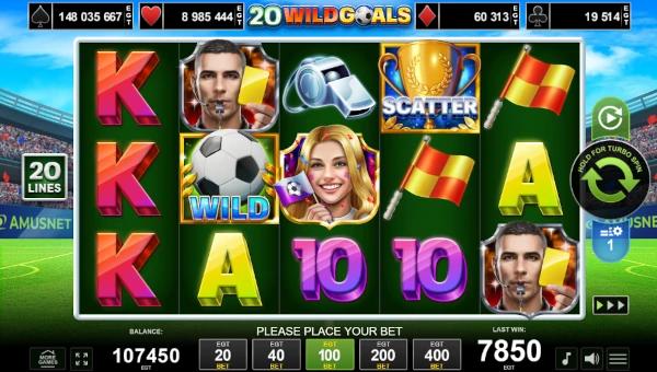 20 Wild Goals base game screenshot showing reels and features