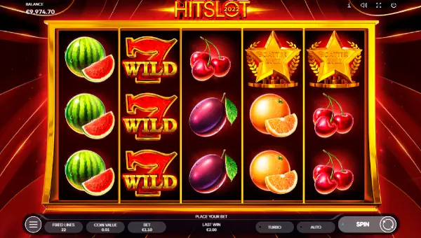 2022 Hit Slot base game screenshot showing reels and features