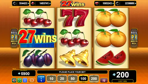 27 Wins base game screenshot showing reels and features