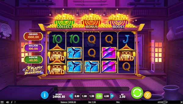 3 Blades and Blessings base game screenshot showing reels and features