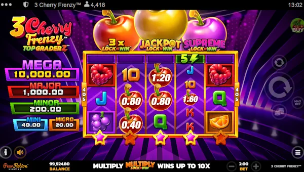 3 Cherry Frenzy base game screenshot showing reels and features
