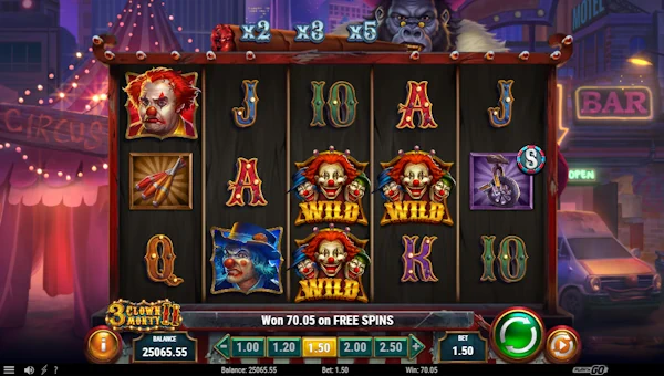 3 Clown Monty 2 base game screenshot showing reels and features