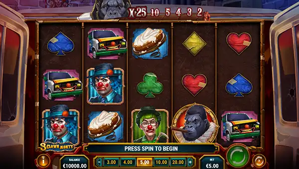 3 Clown Monty base game screenshot showing reels and features