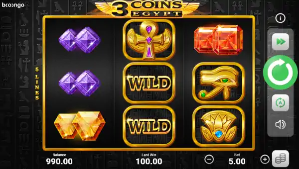 3 Coins Egypt base game screenshot showing reels and features