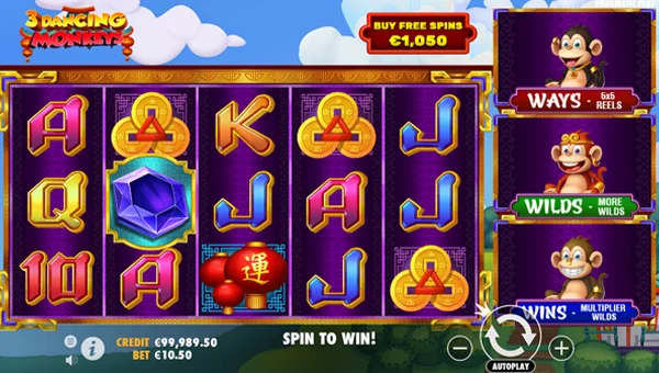 3 Dancing Monkeys base game screenshot showing reels and features