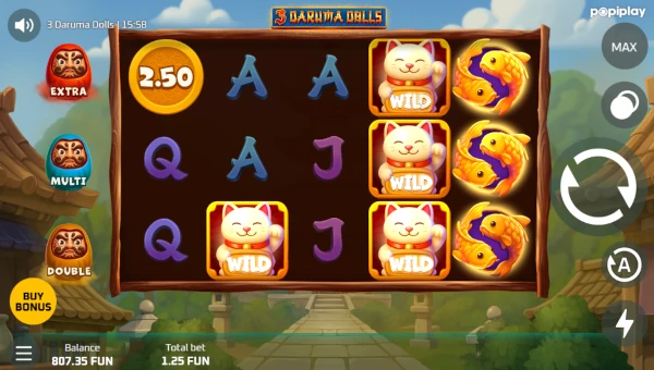 3 Daruma Dolls base game screenshot showing reels and features