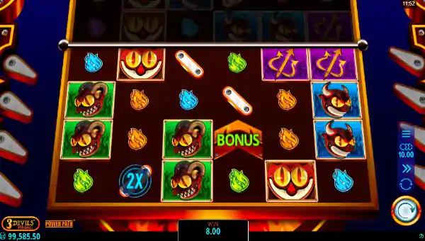 3 Devils Pinball base game screenshot showing reels and features