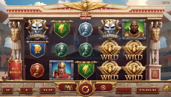 3 Gladiators vs Caesar base game screenshot showing reels and features