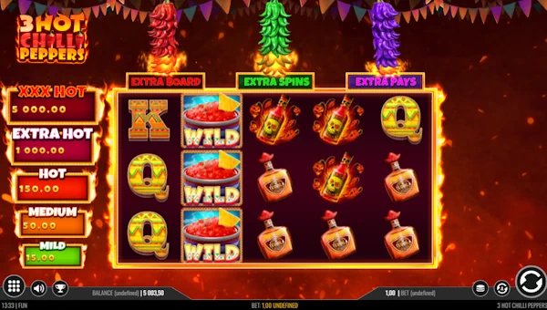 3 Hot Chilli Peppers base game screenshot showing reels and features