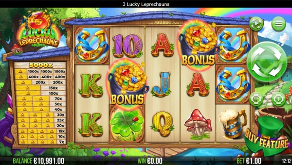 3 Lucky Leprechauns base game screenshot showing reels and features