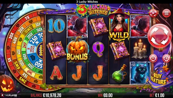3 Lucky Witches base game screenshot showing reels and features