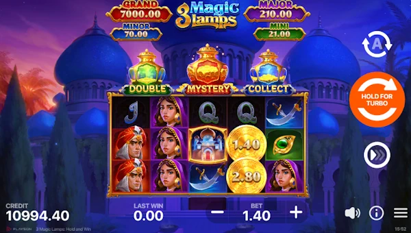 3 Magic Lamps base game screenshot showing reels and features