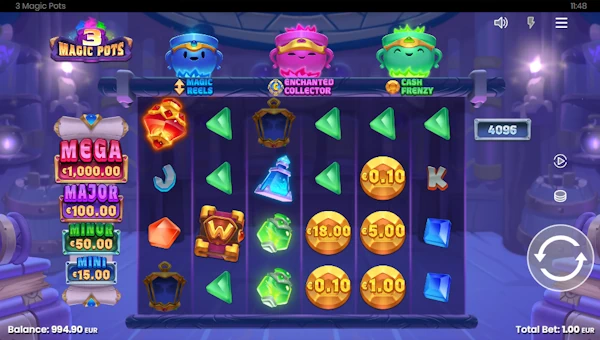 3 Magic Pots base game screenshot showing reels and features