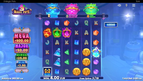 Screenshot of 3 Magic Pots slot demo showing reels and bonus game features