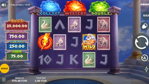 3 Orbs of Zeus base game screenshot showing reels and features