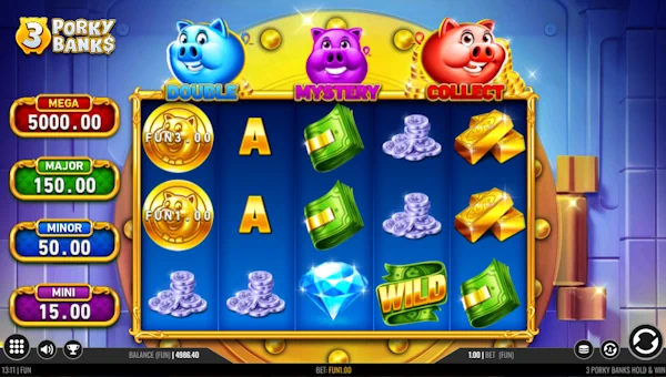 3 Porky Banks base game screenshot showing reels and features