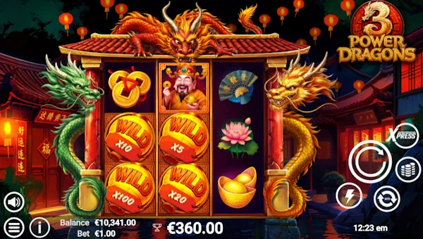 3 Power Dragons base game screenshot showing reels and features