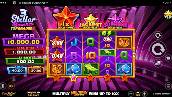 3 Stellar Bonanza base game screenshot showing reels and features