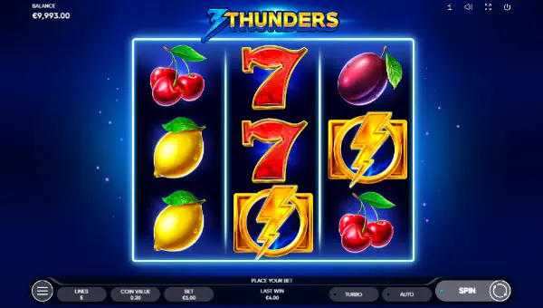 3 Thunders base game screenshot showing reels and features