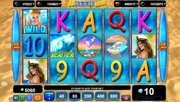 30 Summer Bliss base game screenshot showing reels and features